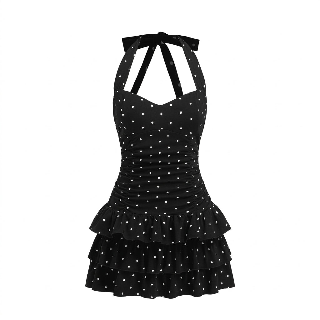 Black polka dot dress with halter neck and ruched bodice