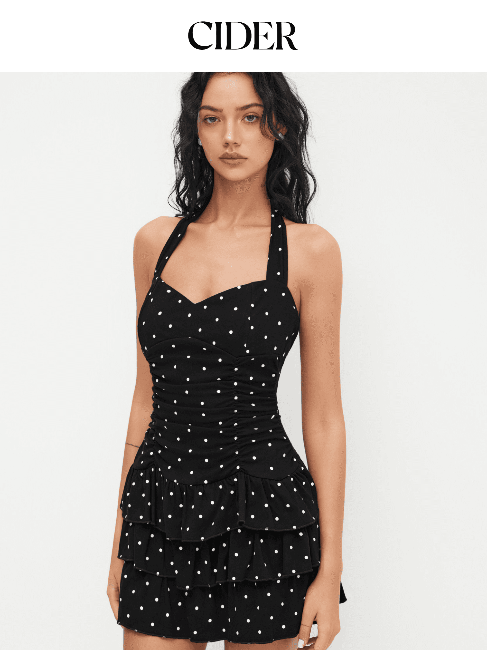 فستان سايدر بولكا دوت CIDER Polka Dot Mini Dress | فستان ميني بياقة هالتر وتصميم زمزم كشكشة مع تنورة طبقات ✨🖤