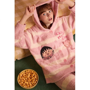 Fleece hooded loungewear set in pink, overhead view