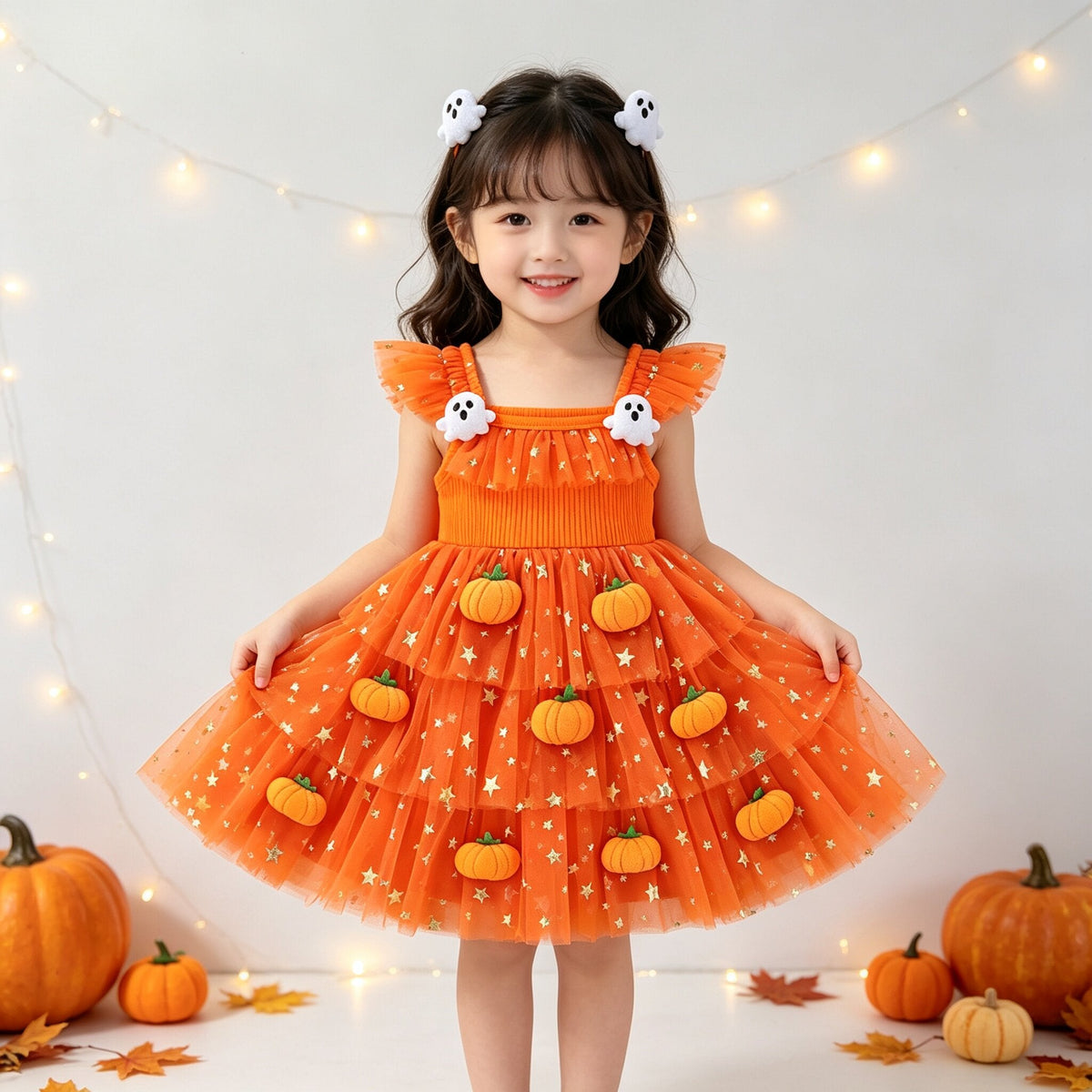 Halloween children's costumes featuring an orange tulle dress with pumpkin appliques and star patterns, decorated with ghost accessories.