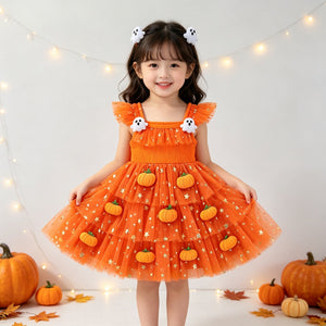 Halloween children's costumes featuring an orange tulle dress with pumpkin appliques and star patterns, decorated with ghost accessories.
