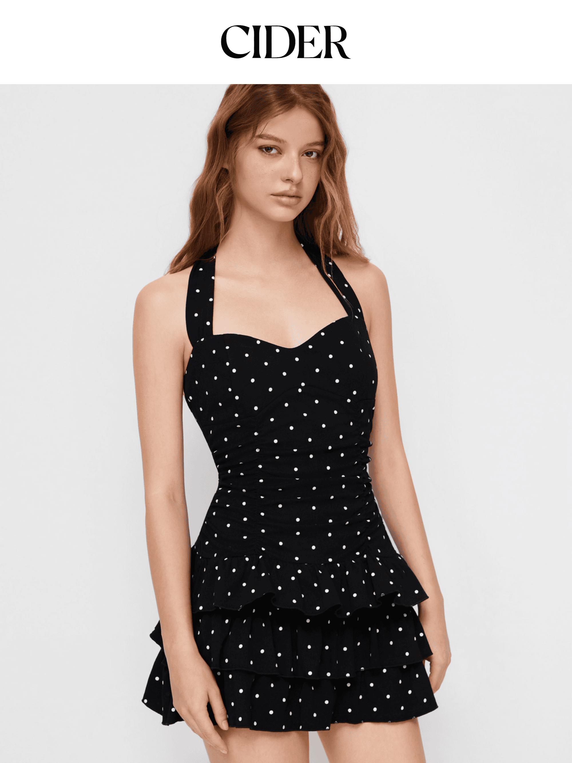 فستان سايدر بولكا دوت CIDER Polka Dot Mini Dress | فستان ميني بياقة هالتر وتصميم زمزم كشكشة مع تنورة طبقات ✨🖤