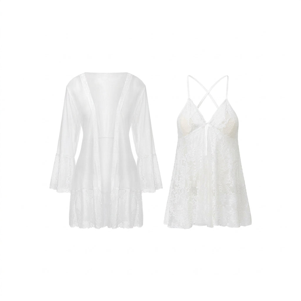 Women's white lace robe and nightgown set for a wedding morning