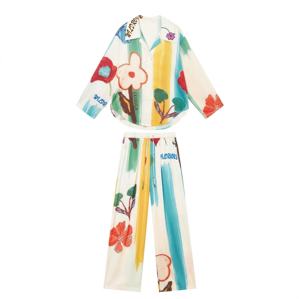 Floral print pajama set with a notched collar button-up shirt and drawstring trousers