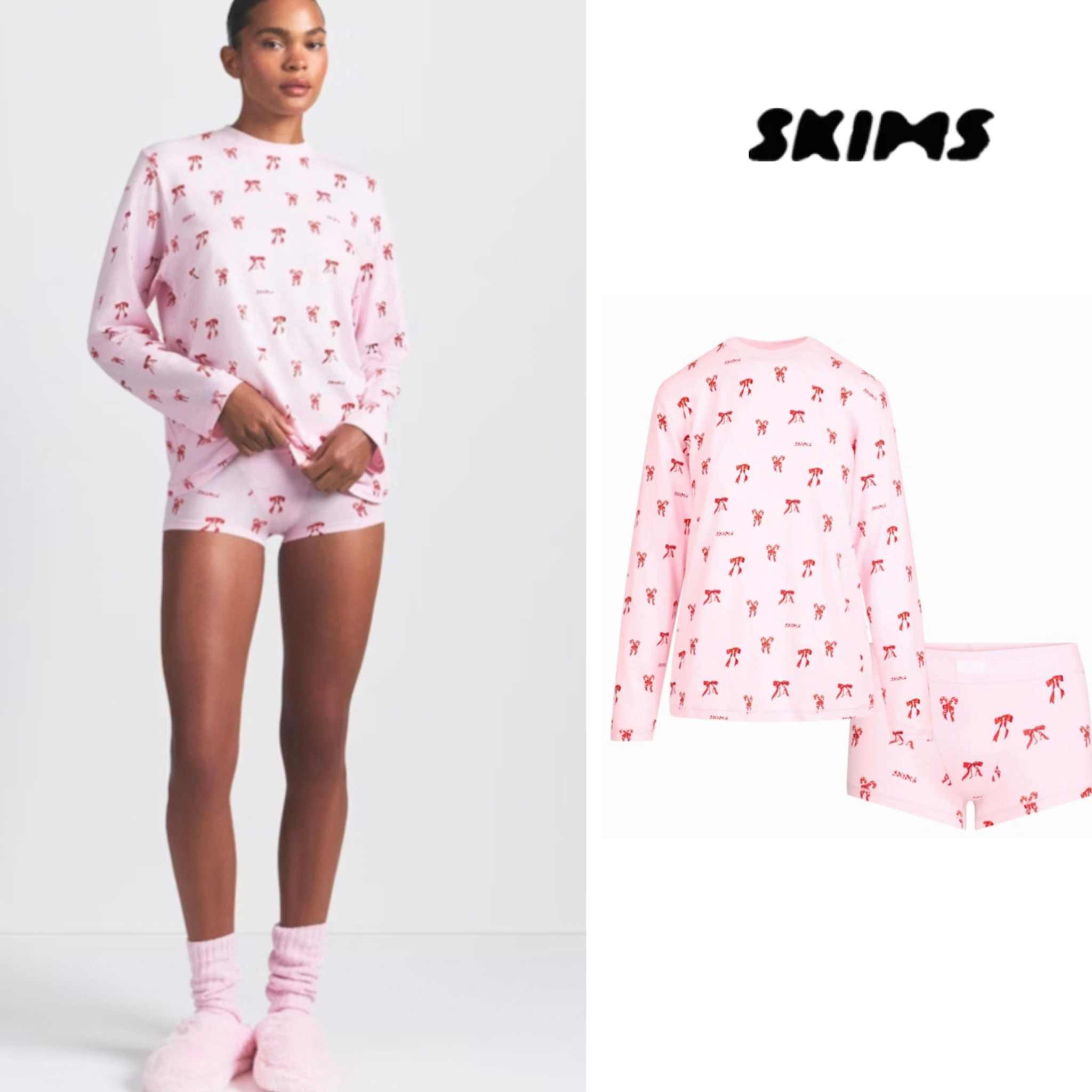 طقم Loungewear وردي ناعم بنقشة فيونكات حمراء للاسترخاء والراحة المنزلية