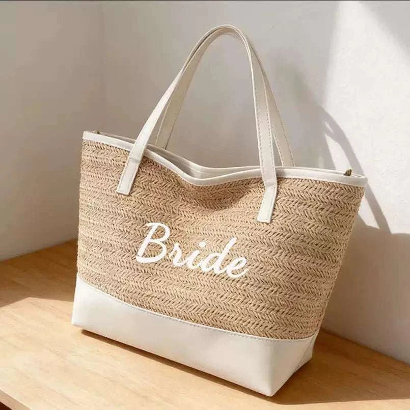Cross-border Bride Bride straw woven tote bag, large capacity seaside beach bag, bachelorette party woven handbag