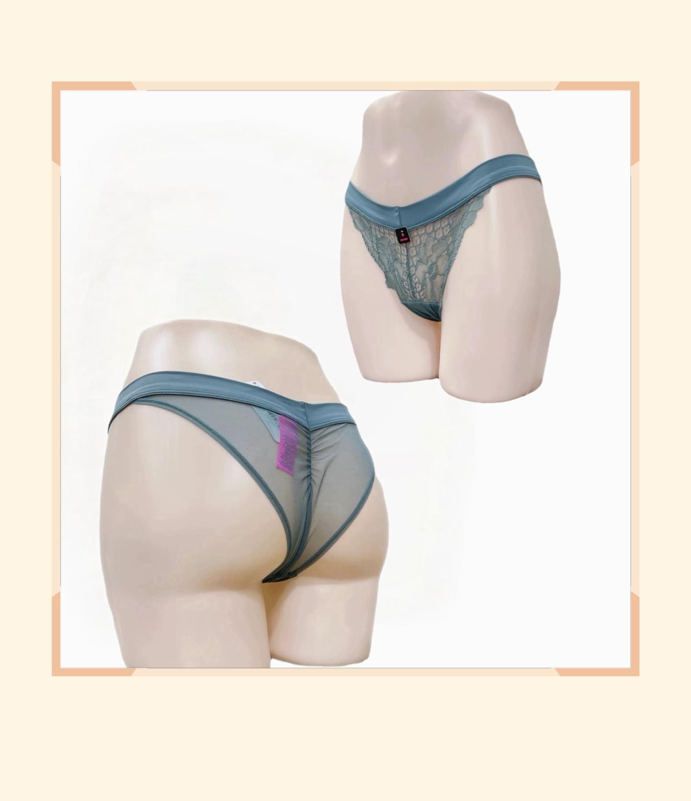 Panties دانتيل ناعم وميش شفاف بلون أزرق بترولي