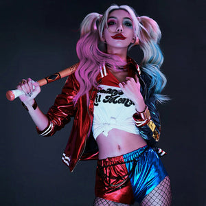 Halloween Harley Quinn Costume featuring a red and blue shiny jacket, matching shorts, white knotted crop top, and colored pigtail wig.