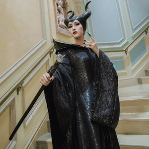 Women’s black Maleficent Halloween cosplay costumes featuring textured fabric, dramatic collar, and large curved horn headpiece.