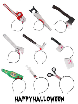 Halloween tiara set featuring plastic kitchen knife, saw, axe, wrench, hammer, cleaver, blood-splattered bottle, syringe, and scissors props
