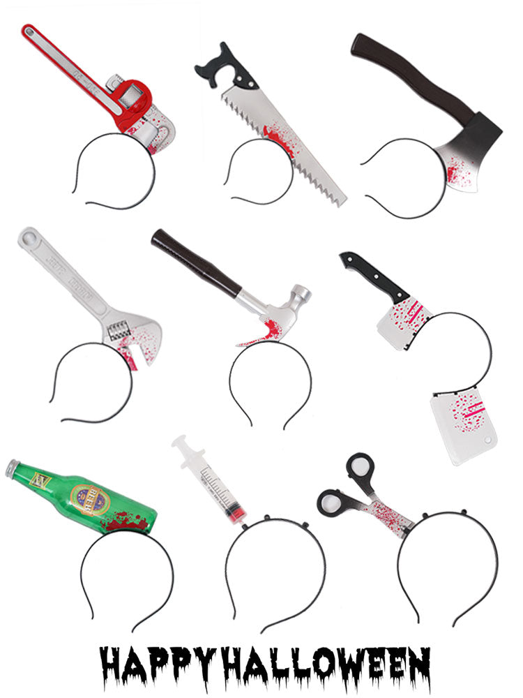 Halloween tiara set featuring plastic kitchen knife, saw, axe, wrench, hammer, cleaver, blood-splattered bottle, syringe, and scissors props
