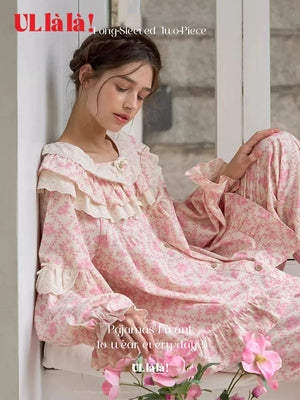 Ullala Korean imported loungewear spring and summer pure cotton sweet doll collar floral long sleeve crew neck pajama set thin
