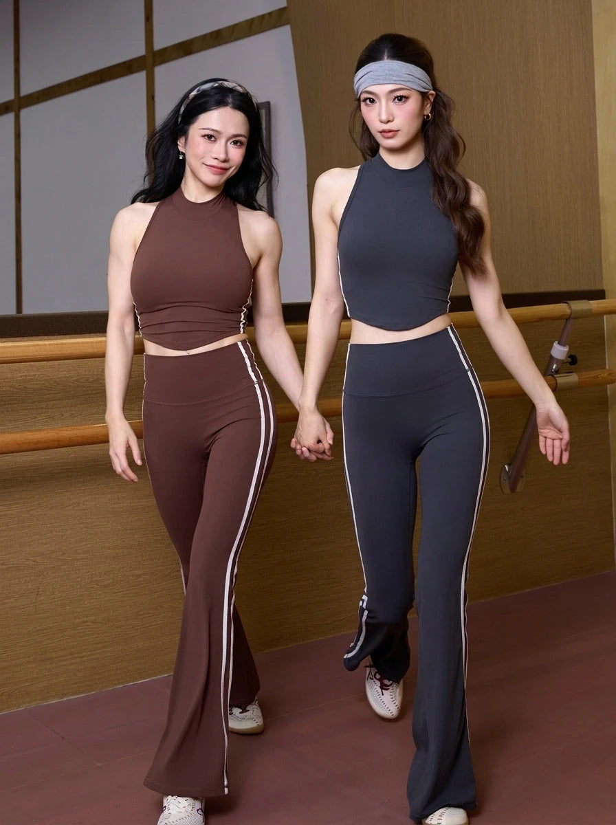 Front view of casual two piece set with vest and flared pants in mocha and gray