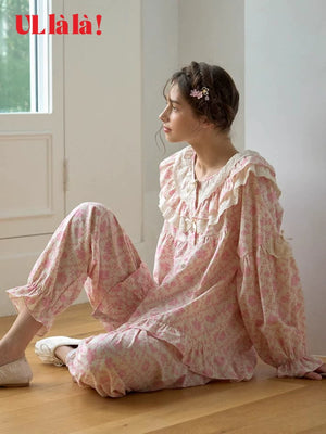 Ullala Korean imported loungewear spring and summer pure cotton sweet doll collar floral long sleeve crew neck pajama set thin
