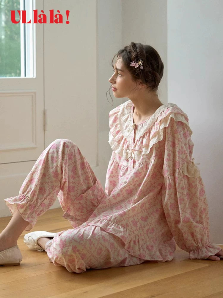 Ullala Korean imported loungewear spring and summer pure cotton sweet doll collar floral long sleeve crew neck pajama set thin