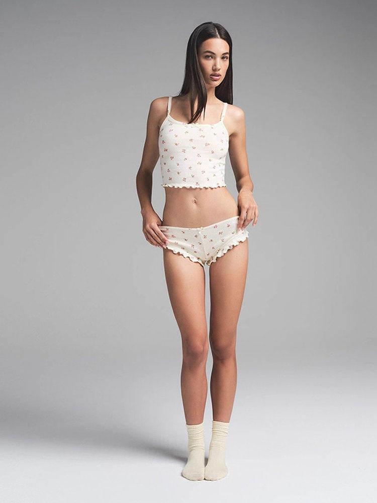 طقم Loungewear قطني بنقشة الزهور مع تفاصيل الكشكشة