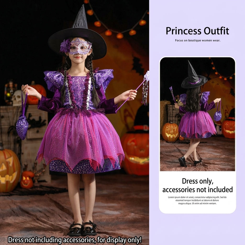 Purple starry witch dress for girls, product photo