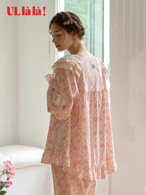 Ullala Korean imported loungewear spring and summer pure cotton sweet doll collar floral long sleeve crew neck pajama set thin