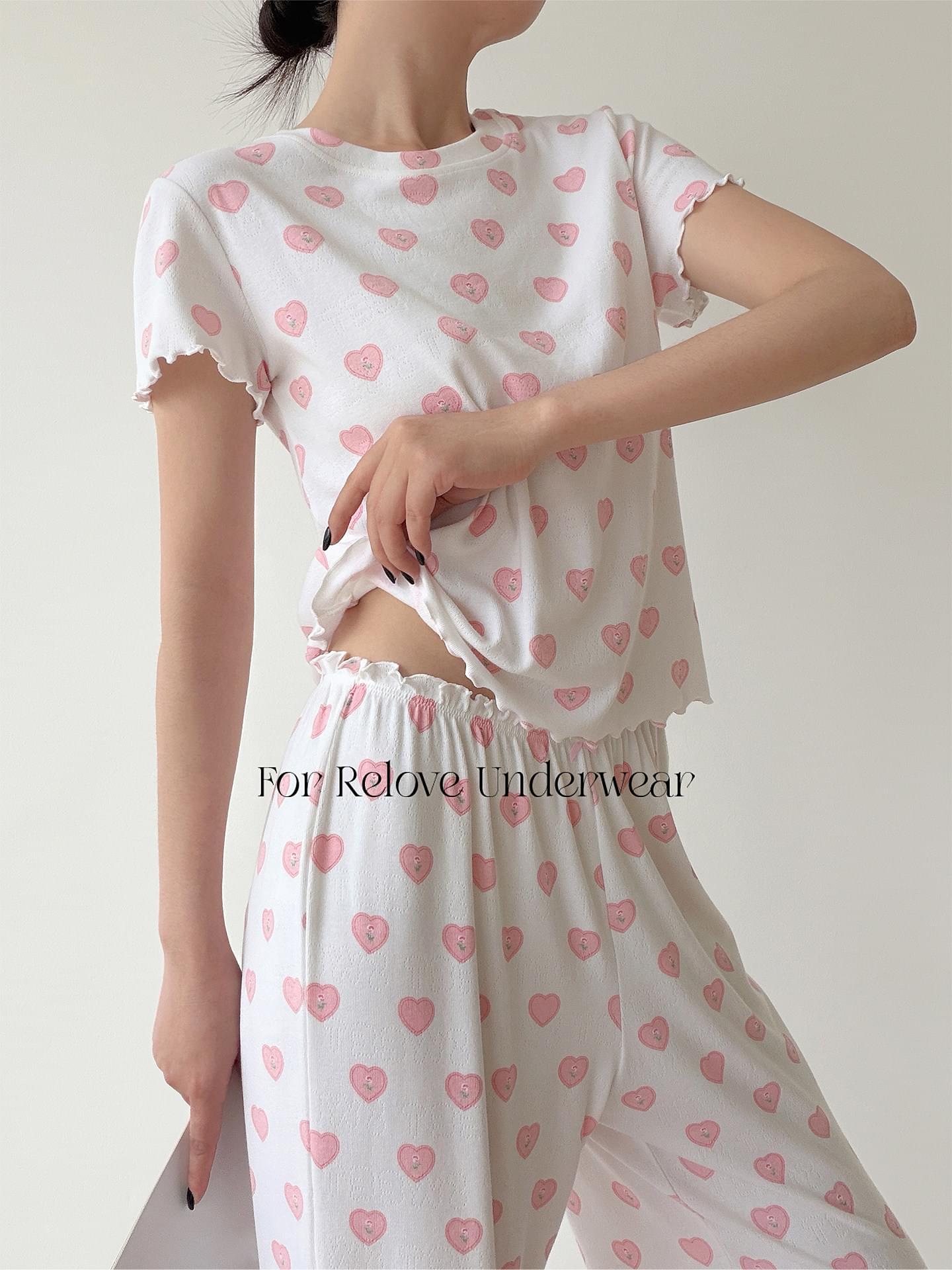 طقم Loungewear قطني مريح بنقشة قلوب وردية لطيفة