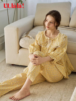 Ullala Korean Ulala pure cotton three-quarter sleeve long pants pajama set for women's spring/summer loungewear with loose doll collar