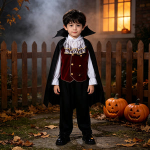 Halloween children's costumes featuring a boy in a velvet burgundy vest with gold buttons, white frilled collar and black cape.