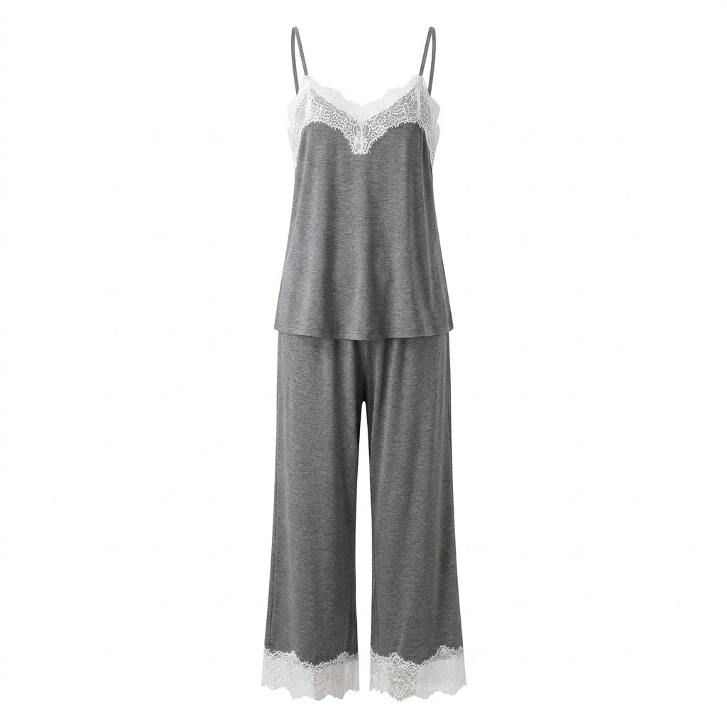 Lace pajama set with camisole and cropped wide-leg pants