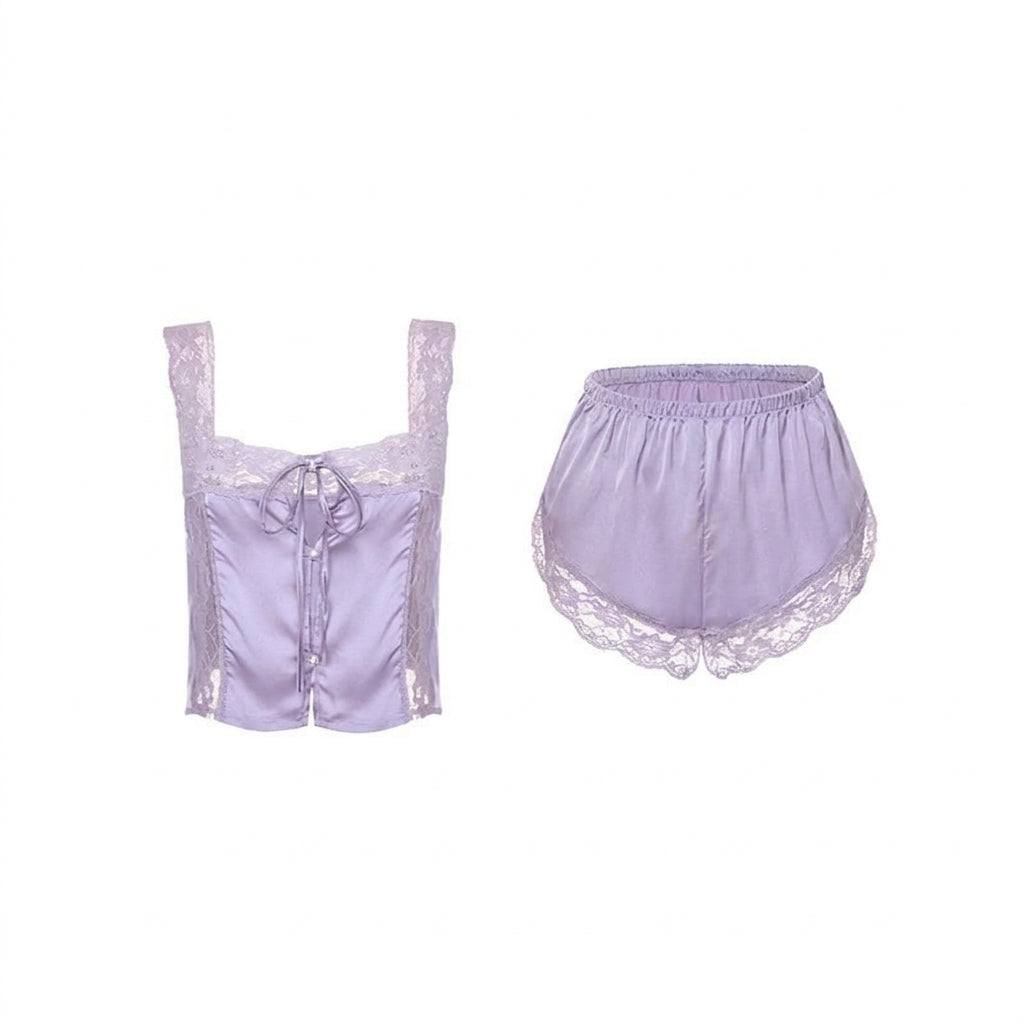Satin lace pajama set, camisole and shorts, alternate view