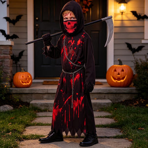 Halloween children's costumes featuring a boy in a black and red bloodstained robe with hood, chain belt, skull face mask, and sickle prop