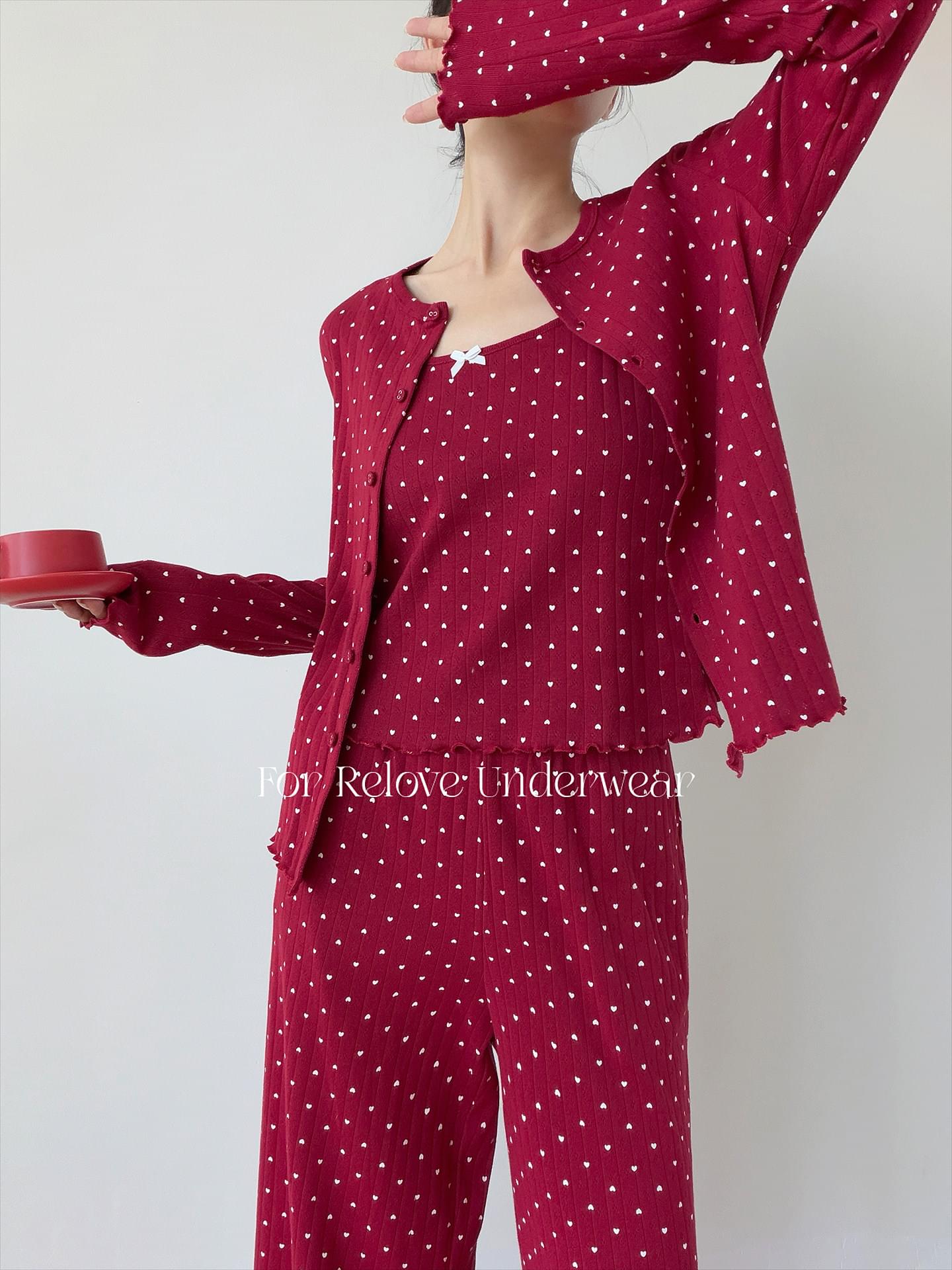 طقم Loungewear مريح بنقشة قلوب ناعمة مكون من 3 قطع