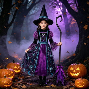 Halloween children's costumes featuring a purple and black witch dress with celestial patterns, a tall pointed hat, and a decorative broom.