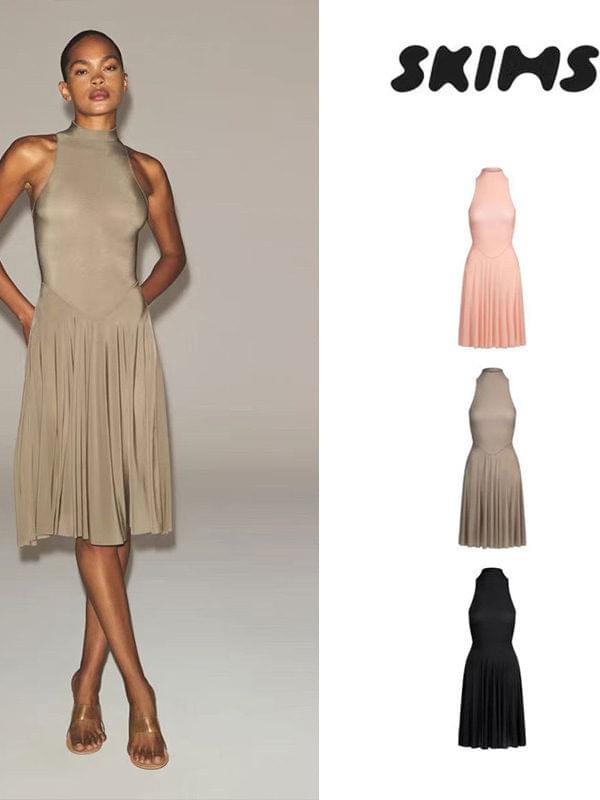 فستان سكايمز ميدي فاخر SKIMS Milky Sheer Dress | فستان رقبة عالية بدون أكمام وتنورة كسرات أنيقة ✨💃