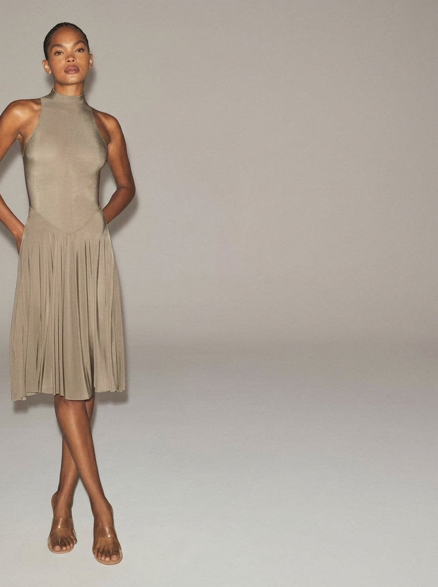 Pleated midi dress with a high halter neck and sleeveless cut