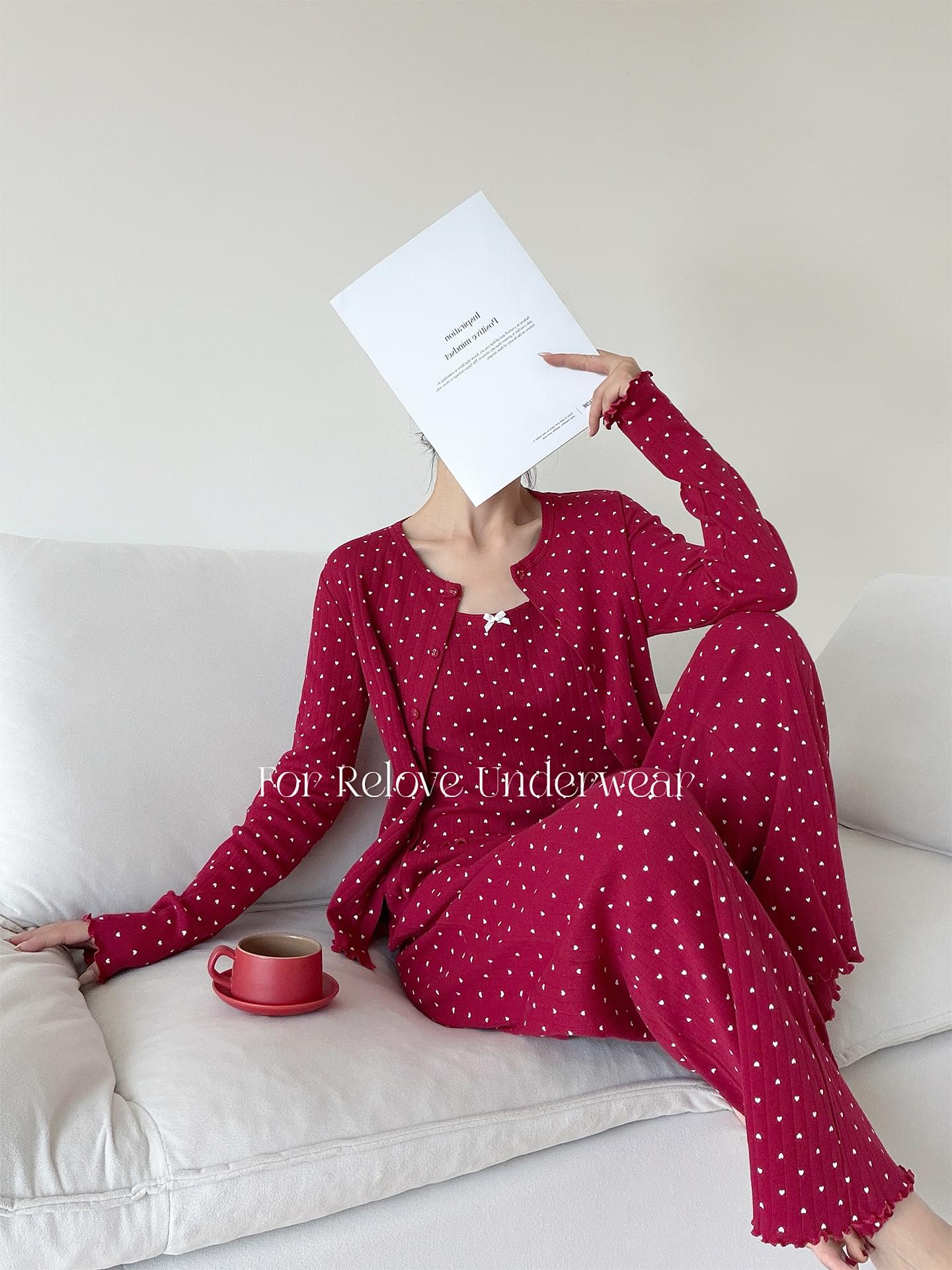 طقم Loungewear مريح بنقشة قلوب ناعمة مكون من 3 قطع