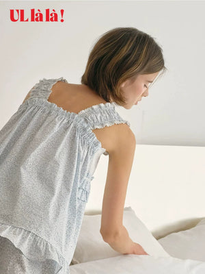 Ullala Korean sweet girly lace square neck wide camisole pajama set, women's summer shorts, homewear thin