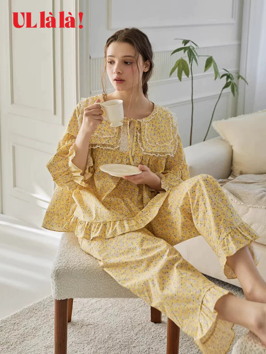 Ullala Korean Ulala pure cotton three-quarter sleeve long pants pajama set for women's spring/summer loungewear with loose doll collar