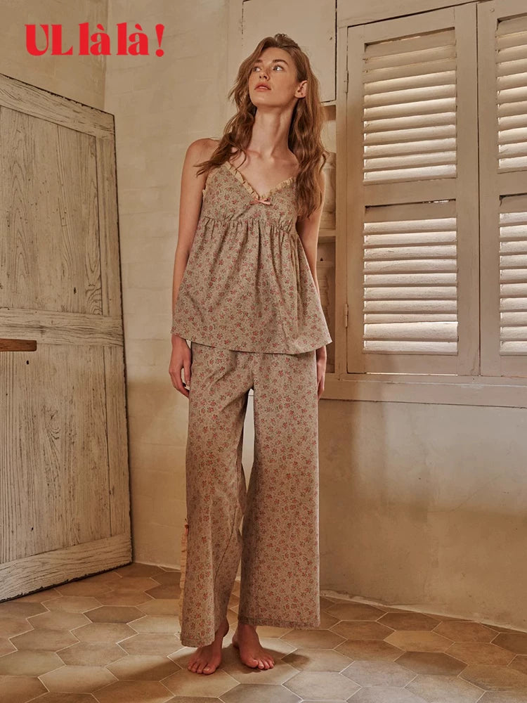 ULLALA Summer Thin Chest Padded Wide-Leg Korean Women's Loungewear Set Floral Cotton Suspenders