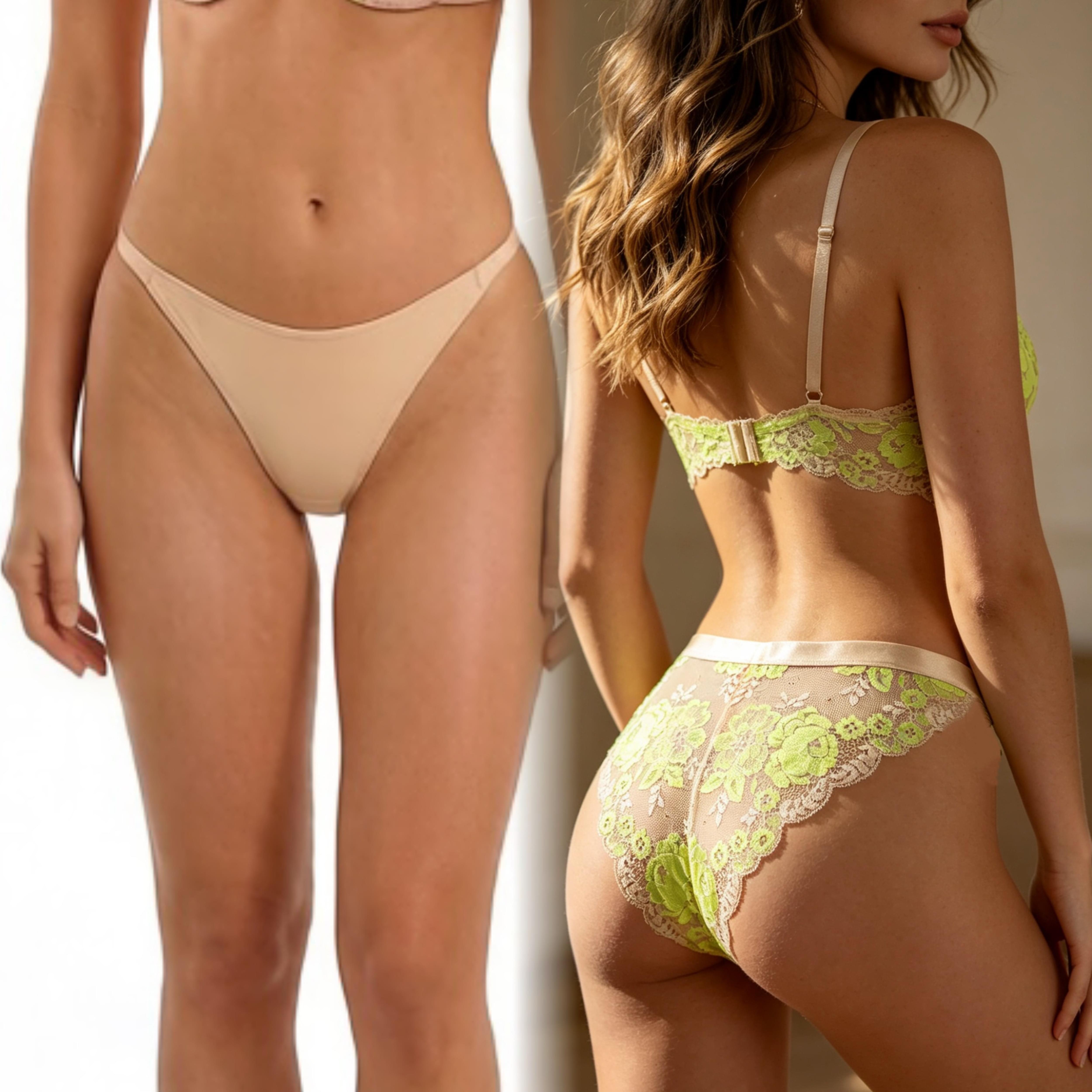 Panties دانتيل بيج بتطريز ورد أخضر ليموني ساحر