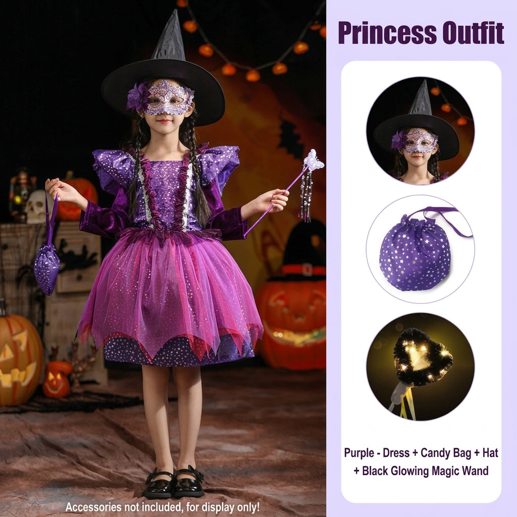 Purple girls witch dress, close product view