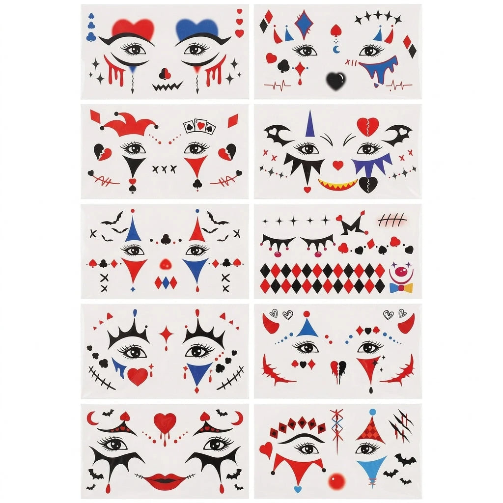 Harlequin jester temporary face tattoos sticker set with 10 designs