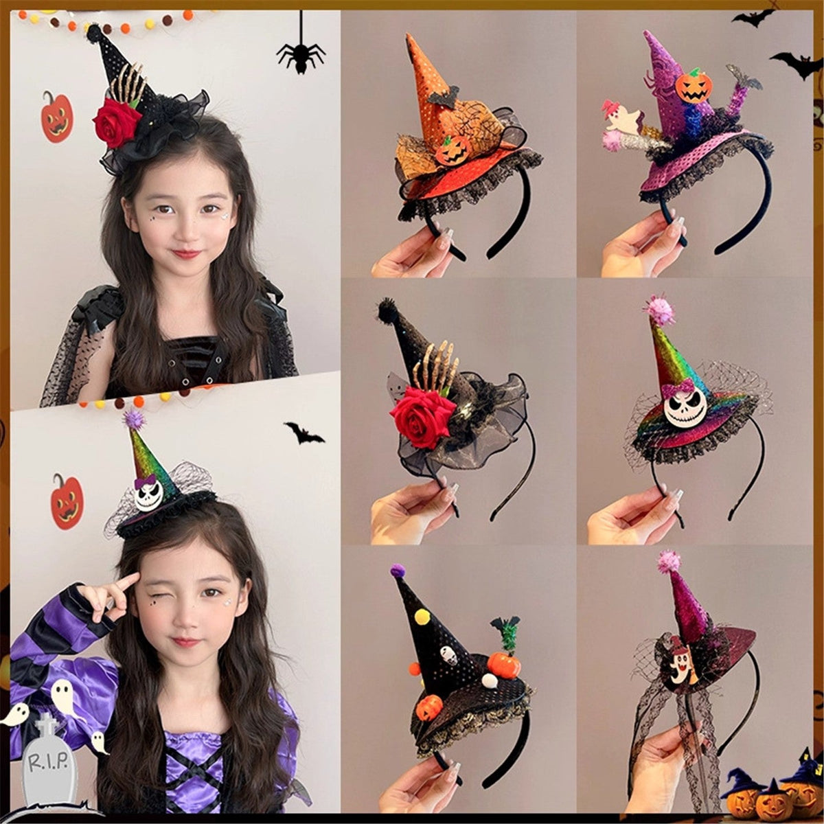 Halloween headdress collection featuring colorful mini witch hats with skull, spider, pumpkin, and rose decorations on black headbands.