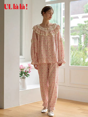 Ullala Korean imported loungewear spring and summer pure cotton sweet doll collar floral long sleeve crew neck pajama set thin
