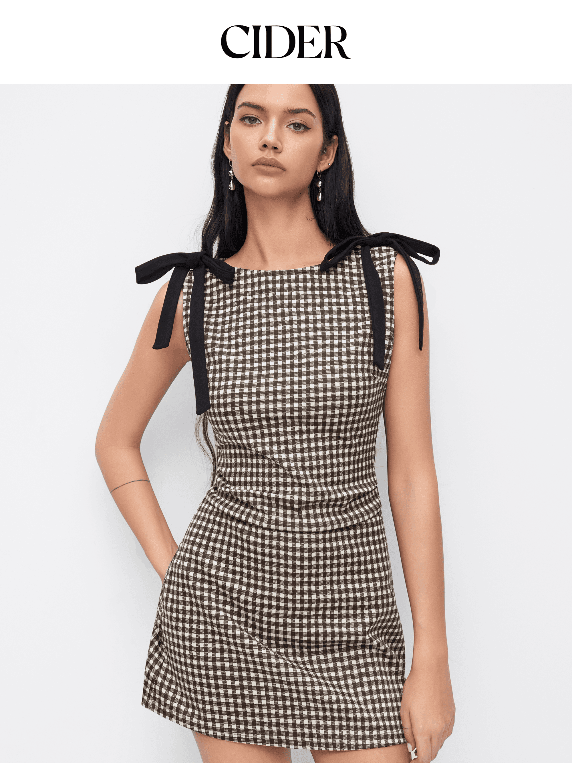 فستان سايدر كاروهات CIDER Bow-Detail Gingham Mini Dress | فستان ميني بنقشة المربعات وأربطة فيونكة على الكتف ✨ أسلوب فرنسي أنيق