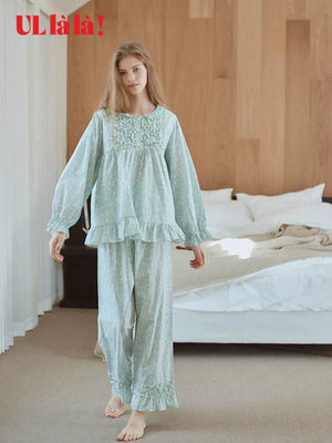 Ullala Korean imported sweet lace pure cotton doll neck long sleeve fresh pajamas women's spring and summer loungewear set