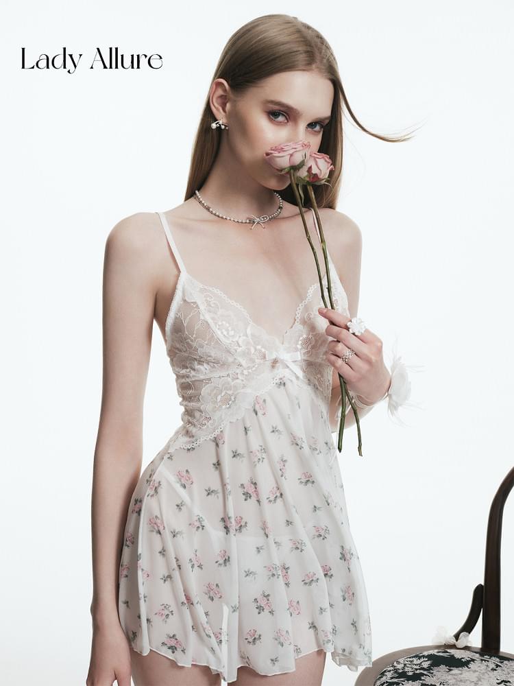 قميص نوم Loungewear أنيق بنقشة الزهور وصدر من الدانتيل