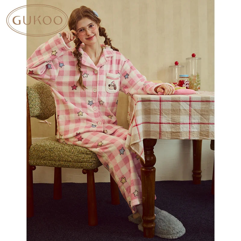 Pink checked fleece pajama set with embroidered details