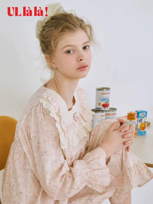 Ullala Korean Imported Square Neck Printed Pure Cotton Pajamas for Women, Long Sleeve, Princess Loungewear Set for Spring and Summer