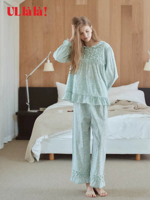 Ullala Korean imported sweet lace pure cotton doll neck long sleeve fresh pajamas women's spring and summer loungewear set