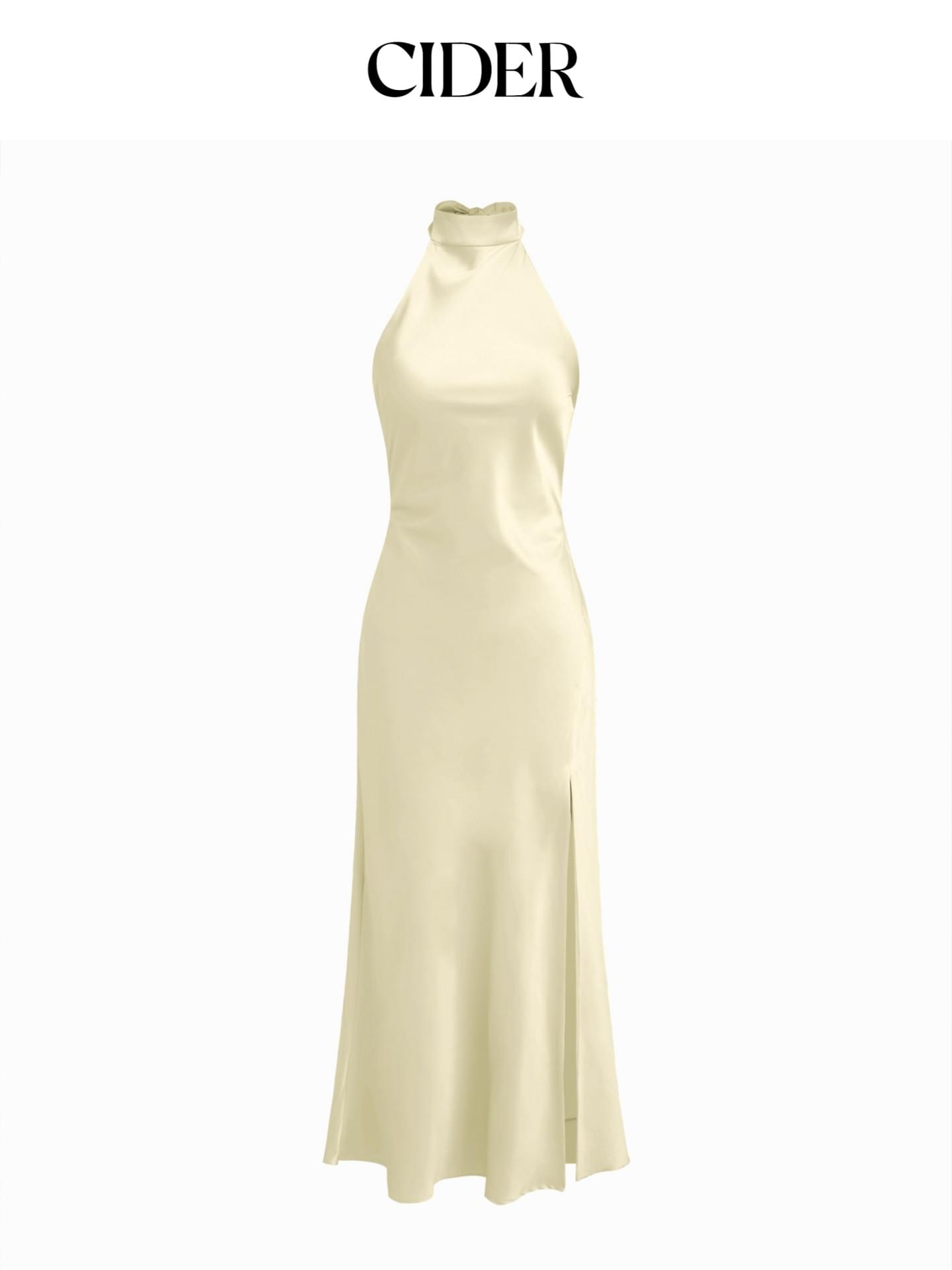 فستان سايدر ستان طويل CIDER Satin High-Neck Maxi Dress | فستان سهرة ماكسي بياقة مرتفعة وفتحة جانبية