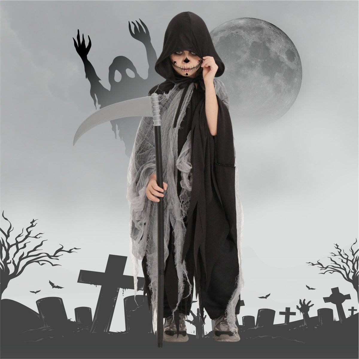 Halloween kids cosplay demon costume with black hooded cape and ragged gray foggy fabric holding a scythe prop