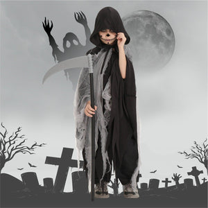 Halloween kids cosplay demon costume with black hooded cape and ragged gray foggy fabric holding a scythe prop